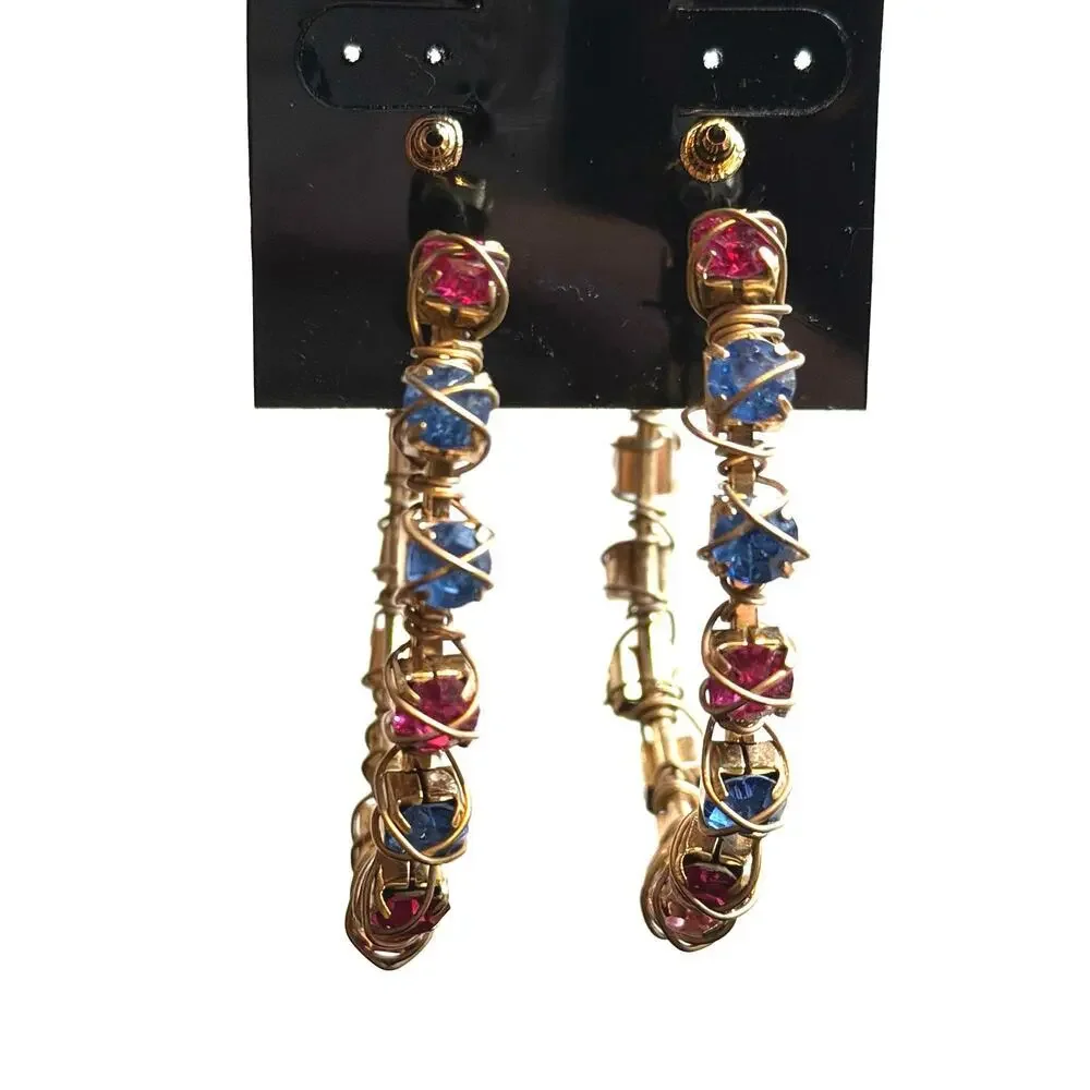 Beaded Wire‑Wrapped Hoop Earrings – Pink/Blue/Amber Mix
